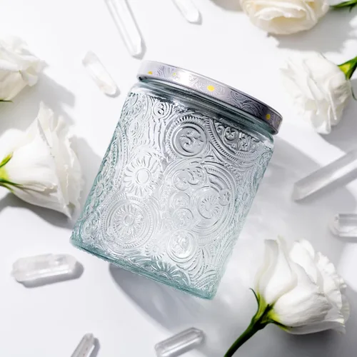 Miniatura 13 de Art Secret Paquete de 9 tarros de vela de vidrio en relieve de 8 onzas con tapas y etiquetas, diseño de estrellas de sol y luna (gris)