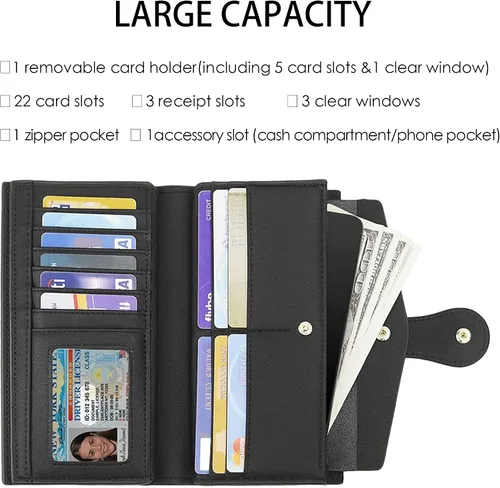Miniatura 3 de Travelambo - Cartera de piel auténtica encerada con bloqueo de identificación de radiofrecuencia (RFID) para mujer, con gran capacidad, bolso