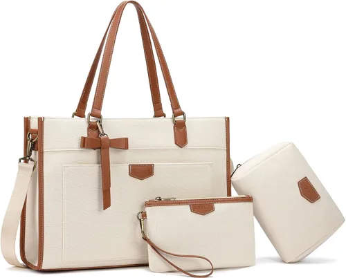 Miniatura 8 de Keyli 3 piezas Bolsa para Laptop para Mujeres, 15.6 Pulgadas Bolsa de Lona Tote Bolsas de Trabajo Grandes Maletín de Computadora de Negocios Bolso
