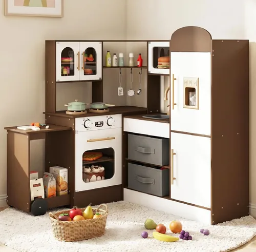 INFANS Cocina esquinera para niños, juego de madera con carrito telescópico, luces realistas, sonidos, máquina de hielo, cajones de tela, horno de