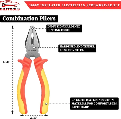Miniatura 4 de BILITOOLS Juego de destornilladores y alicates para electricistas aislados de 1000 V - Kit de 7 herramientas eléctricas con destornilladores