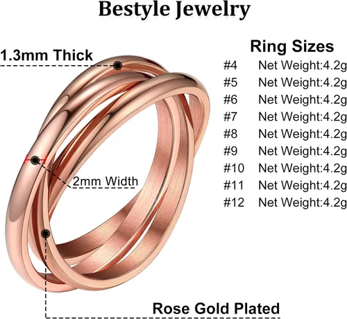 Miniatura 6 de Bestyle Anillos entrelazados para mujeres y niñas, anillos cruzados apilables de acero inoxidable en tono plataorooro rosanegro, anillo de promesa
