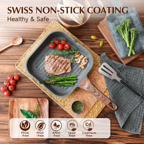 Miniatura 2 de SENSARTE Sartén Parrilla Antiadherente para Estufas, Plancha Versátil con Boquillas de Vertido, Superficie de Cocción Cuadrada Grande, Sartén Gris