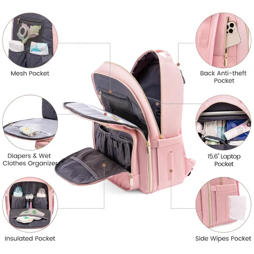Miniatura 2 de LOVEVOOK Mochila para pañales, bolsa de bebé acolchada con cambiador y soporte para chupete, bolsas de pañales de viaje impermeables para bebés Rosa