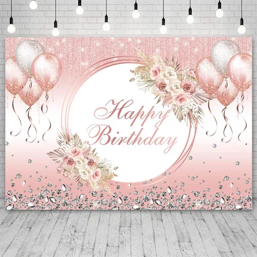 Miniatura 2 de AIBIIN Telón de fondo bohemio de feliz cumpleaños de 7 x 5 pies para niña, globos rosas con purpurina, fondo de fotogarfia, decoración de fiesta