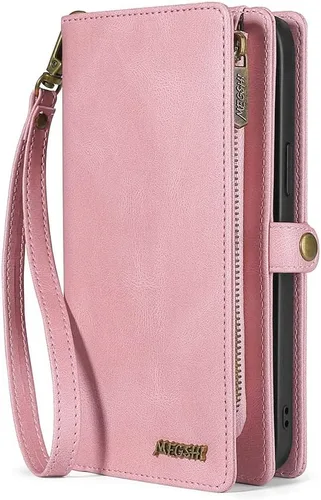 Miniatura 8 de Asuwish Funda de teléfono para Samsung Galaxy S22 Ultra 5G con cremallera, funda desmontable con protector de pantalla y tarjetero de cuero, Rosado