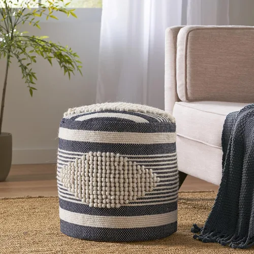 Miniatura 2 de Christopher Knight Home Lucknow Puf Cilindro Artesanal - Blanco/Azul Denim