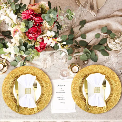 Miniatura 5 de Uiifan 24 Piezas Platos Base Antiguos a Granel 13'' Platos de Plástico en Relieve para Cena Platos Base Redondos Florales para Boda Cargadores Dorado