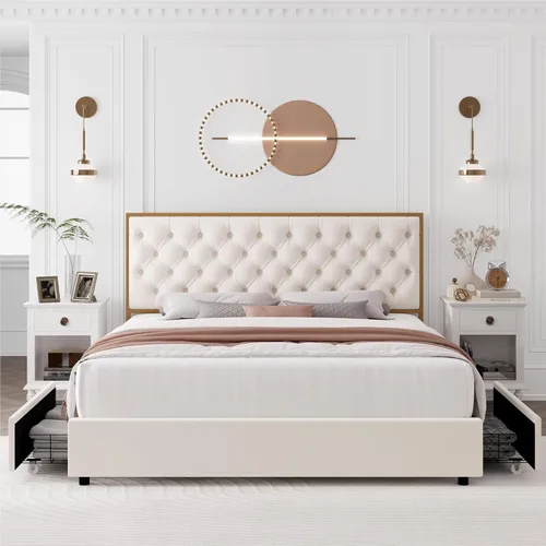 Miniatura 3 de HIFIT Marco de Cama Tapizada King con 4 Cajones de Almacenamiento y Cabecero Acolchado con Botones Hecho a Mano, Cama Plataforma de Almacenamiento