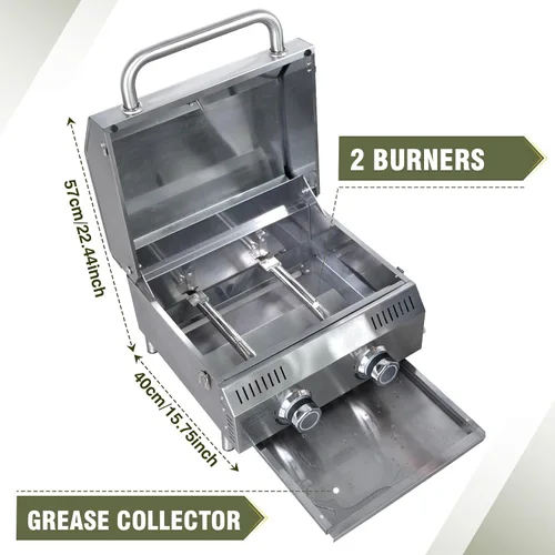 Miniatura 3 de Bestfire - Parrilla de gas propano de mesa, 2 quemadores, 20,000 BTU Parrilla de propano portátil de acero inoxidable con patas para patio al aire