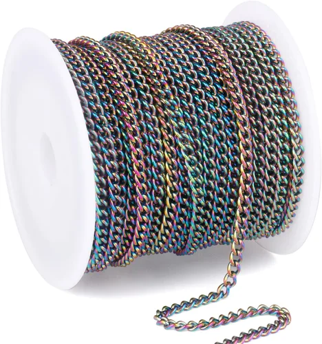 Miniatura 42 de [66 pies/20M] Cadena de bordillo de acero inoxidable chapada en oro de 18 quilates, 2mm, acero inoxidable 304, eslabones trenzados planos, cadenas