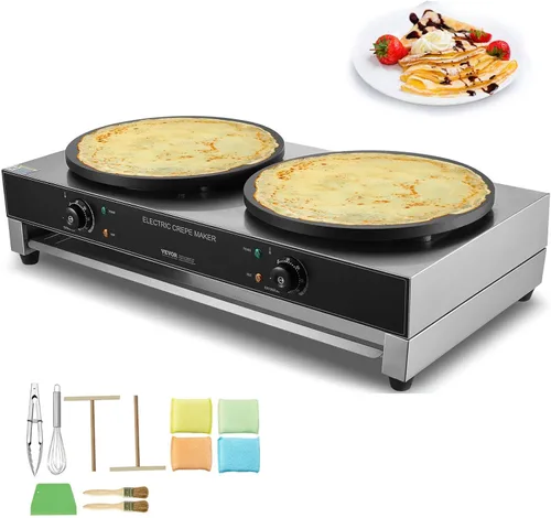 HappyBuy Máquina eléctrica de crepé - Cabezal doble de 16 pulgadas, 3400 W, acero inoxidable antiadherente, escritorio, control de temperatura para