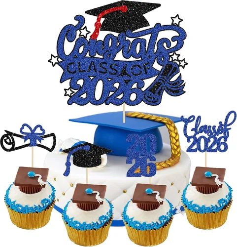 Miniatura 19 de Gyufise 24 piezas de decoración para cupcakes con purpurina para graduación 2026, decoración de pasteles para graduación 2026, decoración de Negro