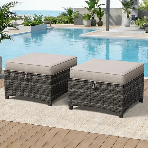 Miniatura 7 de Juego de 2 otomanas para patio, 22 x 22 x 18 pulgadas, reposapiés de mimbre para exteriores con cojín, beige, para jardín, patio trasero, cubierta