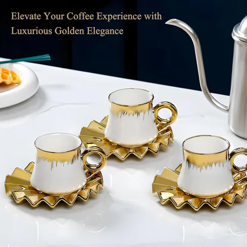 Miniatura 5 de Juego de 6 tazas de café turco de cerámica de 3.5 onzas, tazas y platillos de porcelana para capuchino italiano británico con ribete dorado