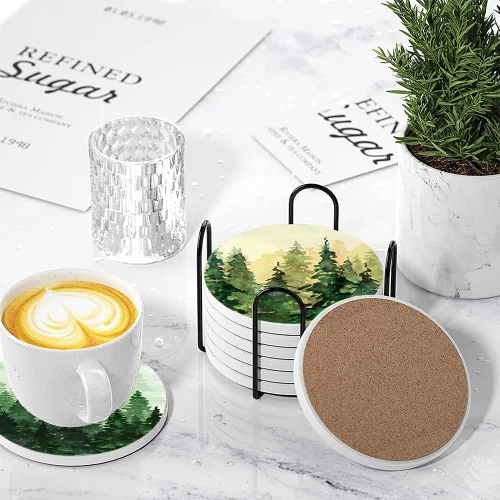 Miniatura 4 de Juego de 6 posavasos para bebidas, juego de posavasos absorbentes redondos de piedra cerámica con diseño de paisaje de acuarela de bosque de pinos