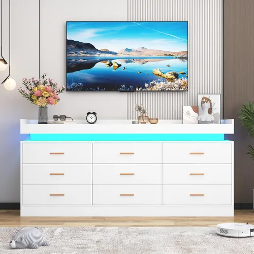 Miniatura 9 de Cómoda de 9 cajones con luz LED y estación de carga, cómoda moderna de 63 pulgadas para armario, armario organizador de cajones anchos para Blanco