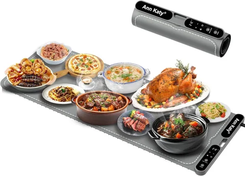 Ann Katy Tapete de calentamiento de alimentos XXXL de 39 x 15 pulgadas, 550 W, bandeja de calentamiento eléctrica portátil para bufés, platos de