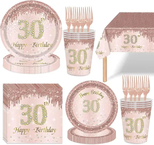 Miniatura 16 de 121 piezas de suministros para fiesta de 40 cumpleaños, platos, servilletas, tazas, tenedores, mantel, decoración temática de 40 cumpleaños en oro