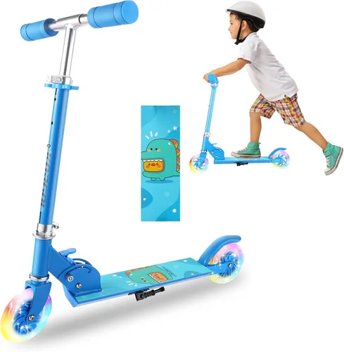 Patinete para niños de 3 a 12 años - Patinetes para niños con ruedas LED iluminadas y manillar ajustable en 3 niveles, patinete rosa plegable y Azul