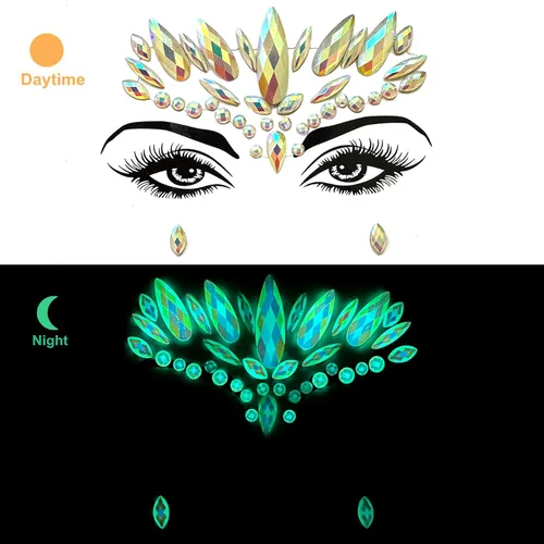 Miniatura 4 de Gemas faciales 4 hojas de joyas para la cara pegadas en diamantes de imitación, calcomanías de cristal luminoso, piedras preciosas temporales