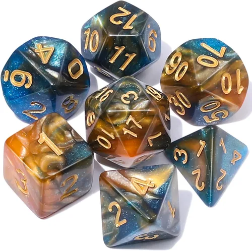 CiaraQ DND - Juego de dados poliédricos con una bolsa de dados negra para juegos de mesa de rol D&D RPG MTG Azul mezclado con marrón + purpurina