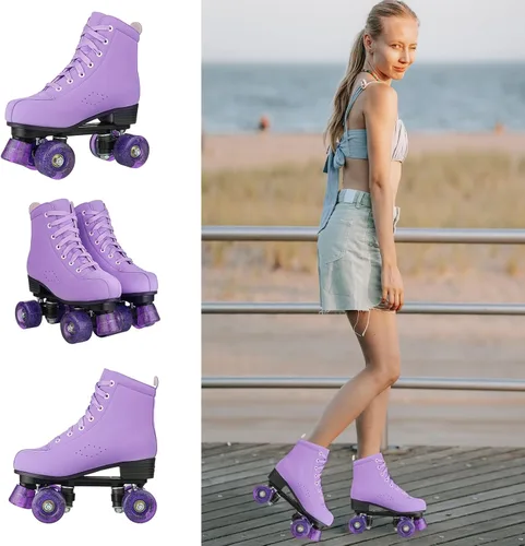 Miniatura 3 de YYW Patines de ruedas para mujeres y niñas, zapatos de tacón alto, patines de dos filas, brillantes, de cuatro ruedas, unisex, de piel sintética