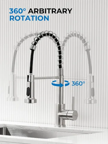 Miniatura 6 de WEWE Grifo de fregadero de cocina, grifos de cocina con rociador desplegable de acero inoxidable de una sola manija un solo agujero níquel cepillado