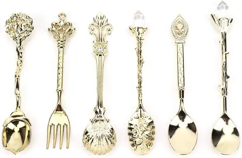 Fdit 6 unids/set vintage tallado cuchara cucharadita retro aleación de zinc postre café vajilla cucharas cubiertos cocina (oro)