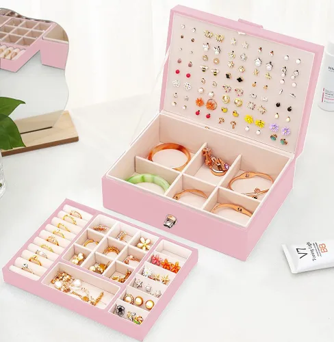 Miniatura 4 de QBestry Organizador de aretes de tuerca para niñas caja de joyería rosa para aretes collar organizador de joyas caja de aretes para mujer soporte