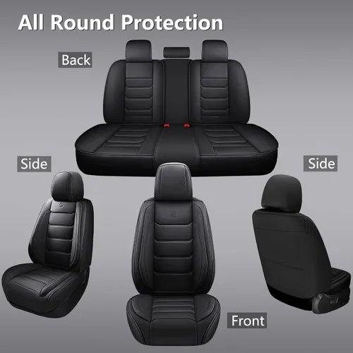 Miniatura 6 de Juego completo de fundas de asiento de automóvil de piel sintética de cobertura completa, fundas de asiento para automóviles, SUV, camionetas Negro