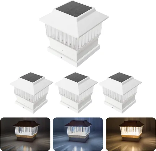 Paquete de 4 luces solares para tapa de poste, modernas #2: se adapta a postes de vinilo de 4 x 4 y madera de 5 x 5 pulgadas, temperatura de 3