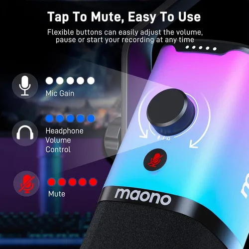 Miniatura 7 de MAONO - Micrófono dinámico para juegos Micrófono de transmisión USB/XLR para PC, grabación de pódcast, software personalizable, RGB, botón