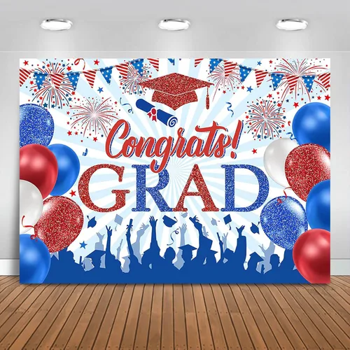 Telón de fondo rojo y azul con texto en inglés "Congrats Grad" de 7 x 5 pies para graduación de graduación de 2026, decoración de fiesta de