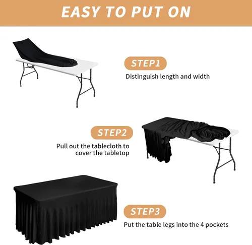 Miniatura 2 de Fixwal Paquete de 2 manteles de elastano negro para mesa rectangular de 4 pies, falda de mesa para fiesta, espectáculo, boda y cumpleaños