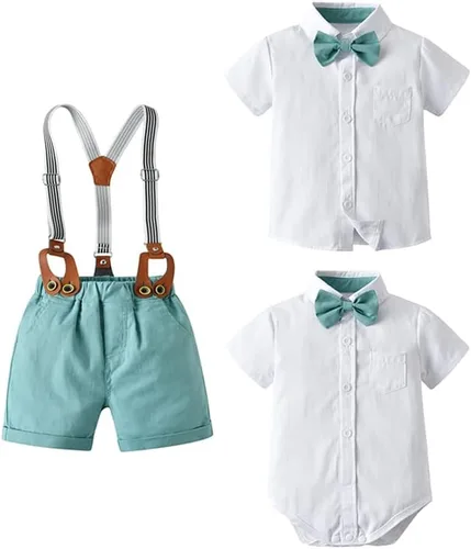 Miniatura 2 de Conjunto de traje de caballero de manga corta para bebé niño con corbatín + pantalones cortos con tirantes y pantalones cortos para bautizo festivo