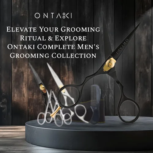 Miniatura 3 de Ontaki Tijeras para barba y bigote para hombre, acero japonés de 5.5 pulgadas, color negro, cuchillas afiladas de precisión, reposapiés ergonómico