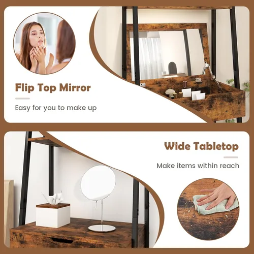 Miniatura 4 de CHARMAID Juego de escritorio de tocador de escalera – Mesa de tocador de maquillaje con espejo abatible, taburete acolchado, 4 compartimentos
