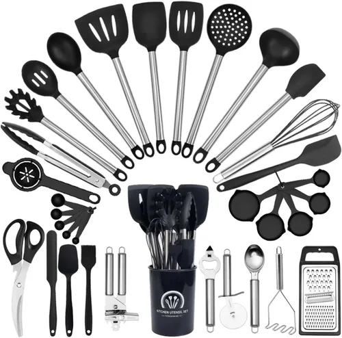 Miniatura 10 de Juego de 34 utensilios de cocina de silicona, resistentes al calor, aptos para lavavajillas, juego de espátulas con mango de acero inoxidable