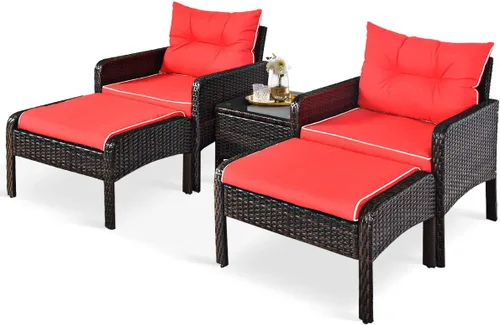 Miniatura 10 de HAPPYGRILL Juego de muebles de patio de 5 piezas para exteriores, juego de conversación de mimbre de ratán con mesa auxiliar, sofás acolchados