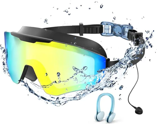 Miniatura 10 de Gafas de natación con tapones para los oídos, gafas de natación antivaho UV de visión amplia, lentes UV de 3 colores para hombres, mujeres y niños