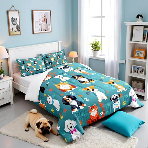 Miniatura 3 de Juego de edredón lindo de perro y gato, tamaño matrimonial, juego de ropa de cama colorido con estampado de patas de cachorro, 3 piezas para niños