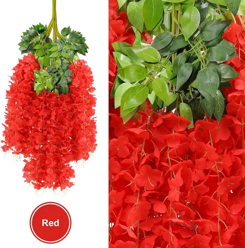 Miniatura 3 de U'Artlines Paquete de 24 (total de 86.4 pies) de imitación de glicina artificial de vid de ratán, guirnalda colgante de flores de seda para Rojo
