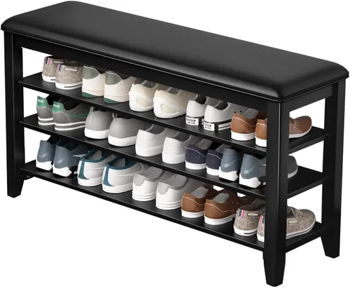 Miniatura 17 de Taitiy Zapatero con parte superior plana de madera de caucho y 3 estantes ajustables, zapatero de madera para entrada, pasillo, vestíbulo, puerta