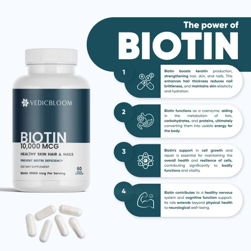 Miniatura 4 de Cápsulas de biotina 10,000 mcg – Cápsulas veganas de alta potencia para un cabello, piel y uñas saludables – Sin gluten, sin OMG, 60 cápsulas