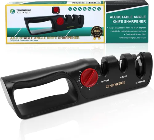 ZenithEdge® Afilador de cuchillos ajustable 3 en 1 con ángulos de 14 ° a 24 ° para cocina, filete, cuchillos de bolsillo y tijeras, acero de