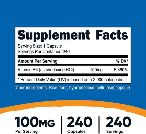 Miniatura 2 de Nutricost Vitamina B6 (Piridoxina HCl) 100 mg, 240 Cápsulas (2 Botellas)