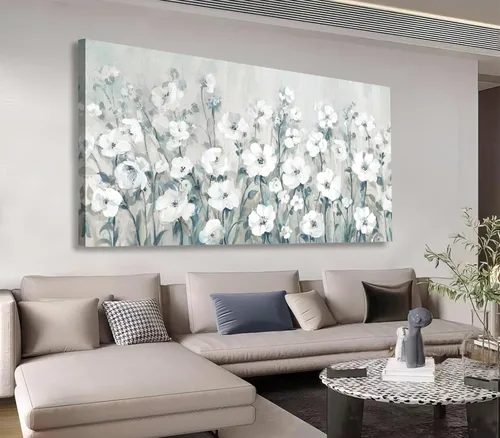 Miniatura 9 de Shoci Arte de pared de árbol de flores, lienzo grande de ramas florales blancas y marrones para sala de estar, pintura rústica, verde azulado