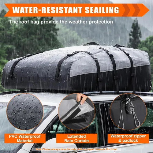 Miniatura 8 de Bolsa de carga para techo de coche Sailnovo, bolsa de techo de 21 pies cúbicos, bolsa de techo impermeable para la mayoría de los vehículos con/sin