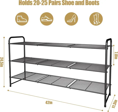 Miniatura 3 de Zapatero de metal largo de 3 niveles, estante organizador de zapatos apilable ajustable de gran capacidad para entrada de armario, bronce 42